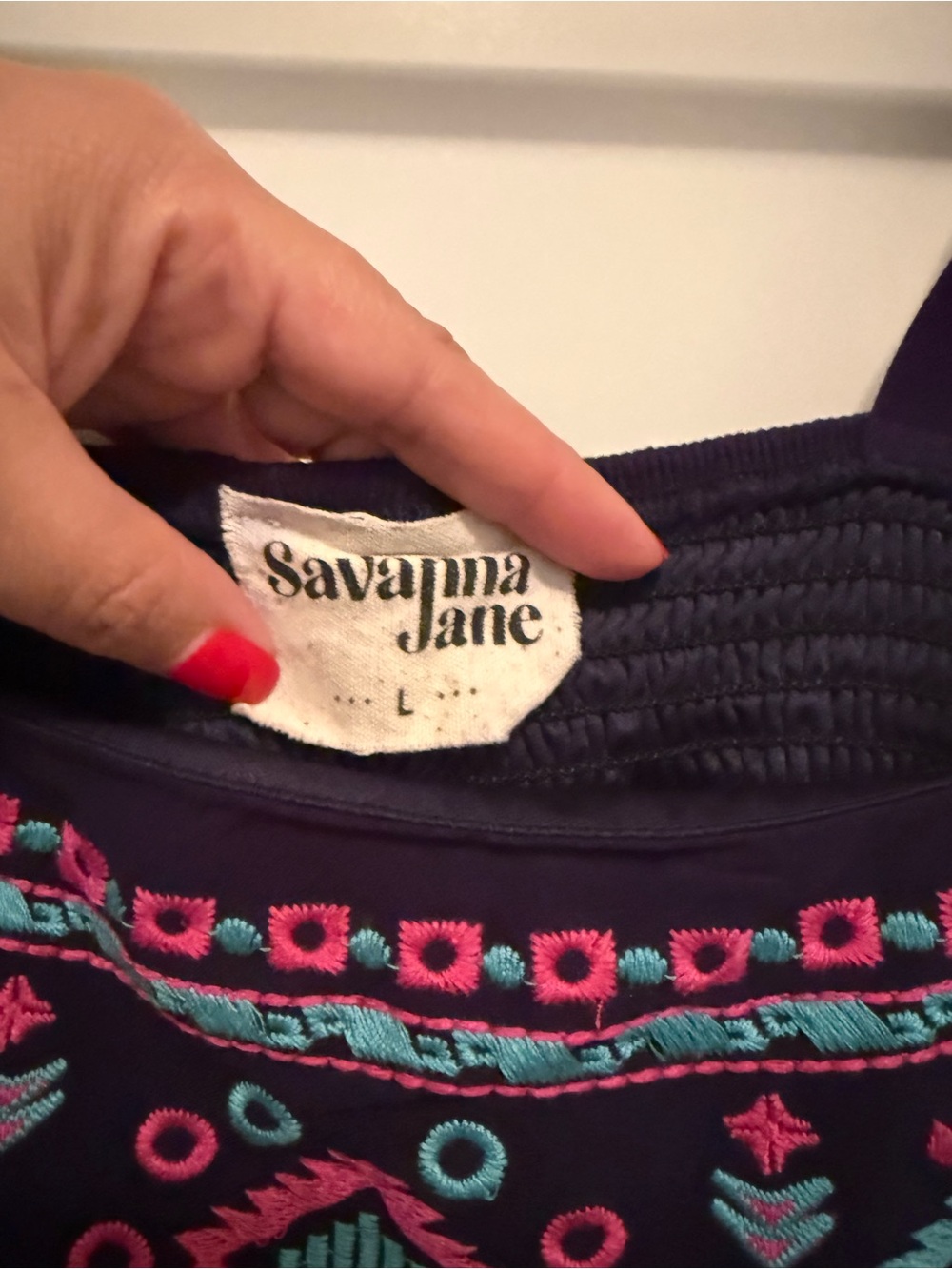 Savanna Jane Navy Midi Dress with Pink & Teal Embroidery - Picture 3 of 4